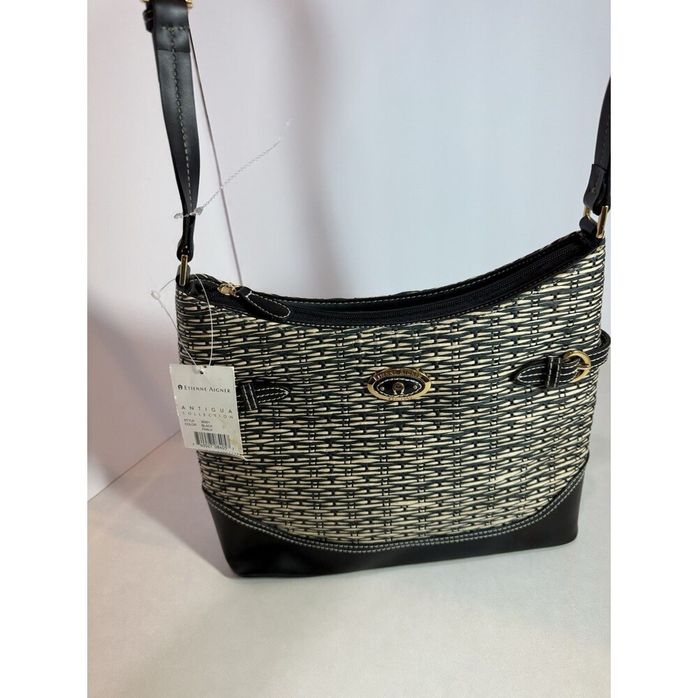 Etienne Aigner Antigua Collection Woven Shoulder Bag Purse Black/Beige